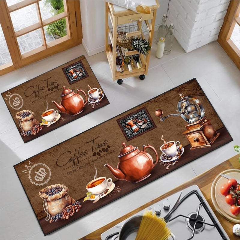 UYDOXCU Brown Coffee Kitchen Rug 2 Piece Set, Vintage Farmhouse Decor Kitchen Floor Mat, Non-Slip Absorbent and Washable Home Decoration Carpet 17 * 30+17 * 47 Inches - Image 1